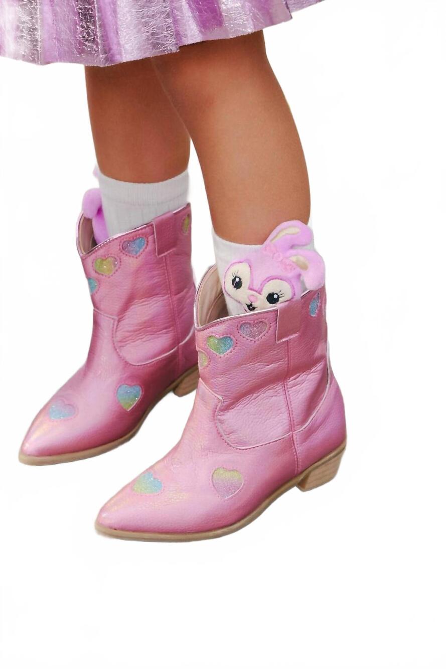 NEW LOLA + THE BOYS girls iridescent heart cowgirl boots in pink